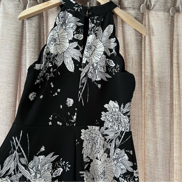 Aqua Black and White Floral Print High Neck Scallop Trim Fit & Flare Dress Large - Picture 14 of 14